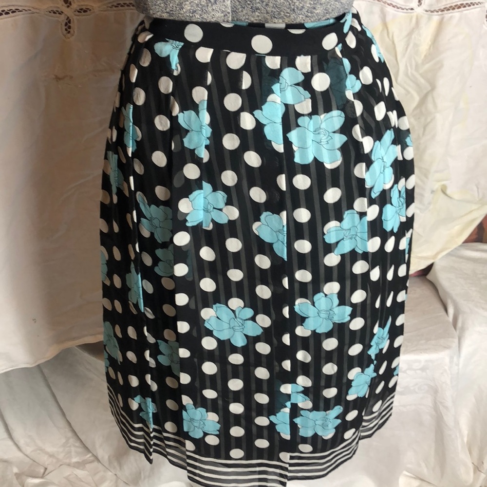 Valerie Stevens Silk Skirt Black Floral Dot Stripe